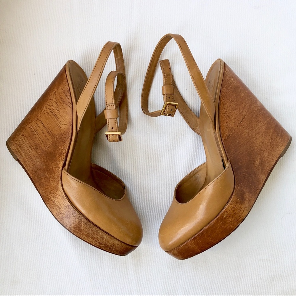 Tory Burch Tan Leather Wood Platform Drea Wedges